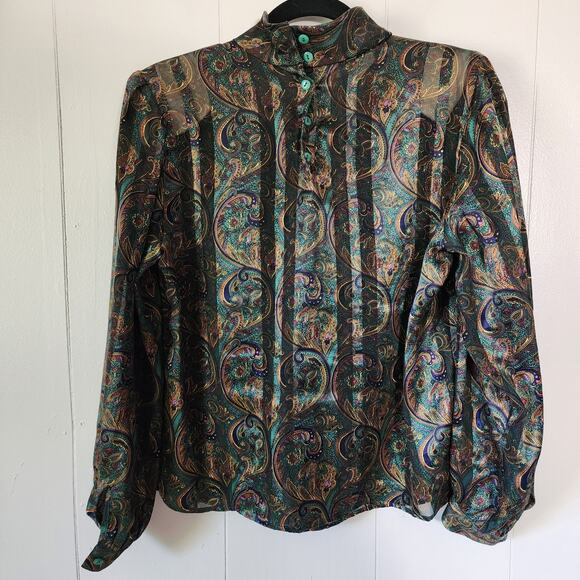 Petite Sophisticate Vintage 80s 90s Paisley Blouse Office Retro Medium Green - Picture 3 of 9